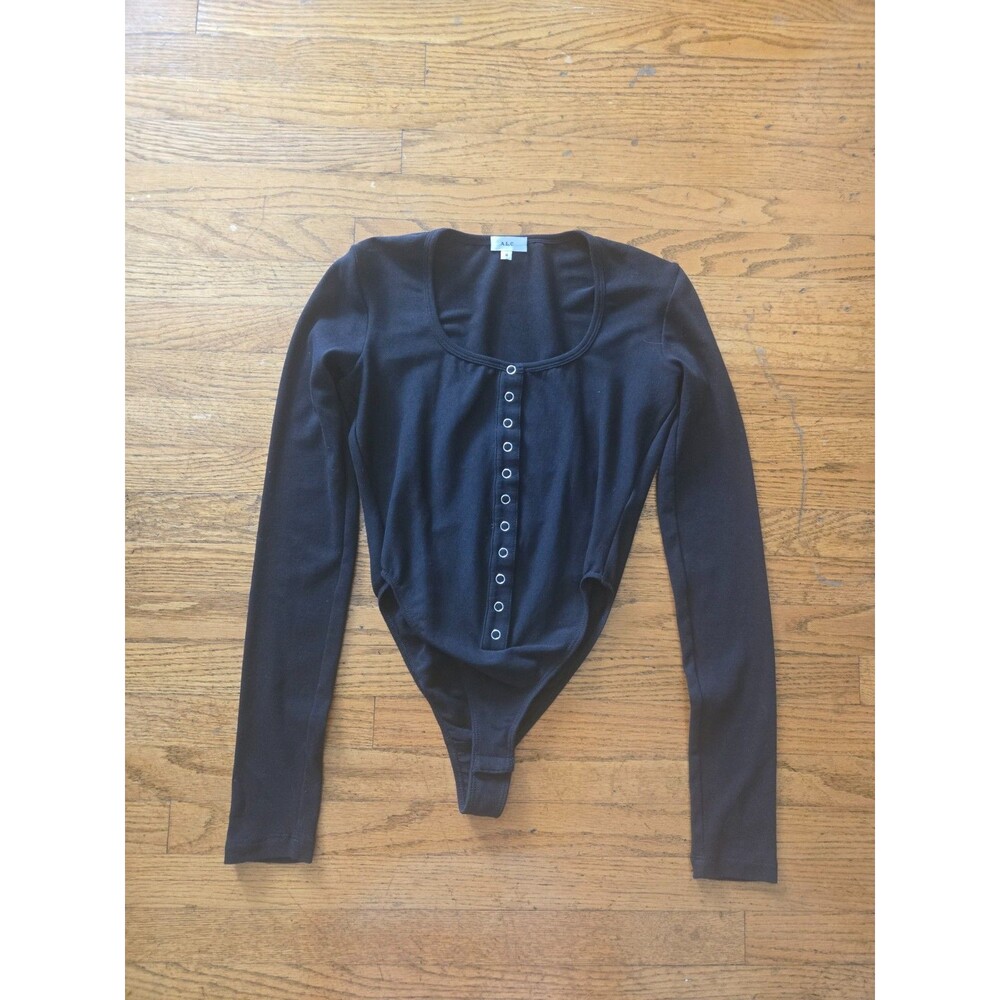 A.L.C. Womens Black Long Sleeve Snap Up Body Suit Size Medium
